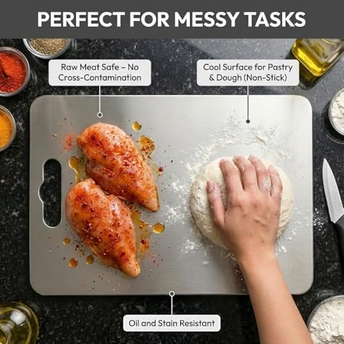 Image of Stainless Steel Cutting Board 31 x 21 cm| Premium Steel Chopping Board for Kitchen | Hygienic & Rust Proof | Ideal for Fruits, Vegetables & Meat |