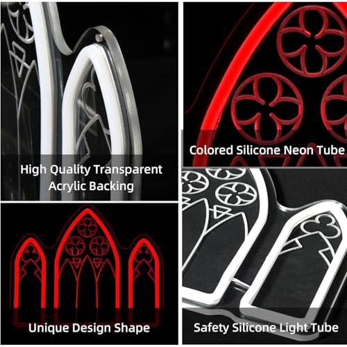 Image of Gothic Window Neon Sign Horror Red Neon Signs for Wall Decor, Dimmable Gothic Medieval Cathedral Neon Art, Red LED Light Sign for Haunted House Man Cave Halloween Party Gifts
