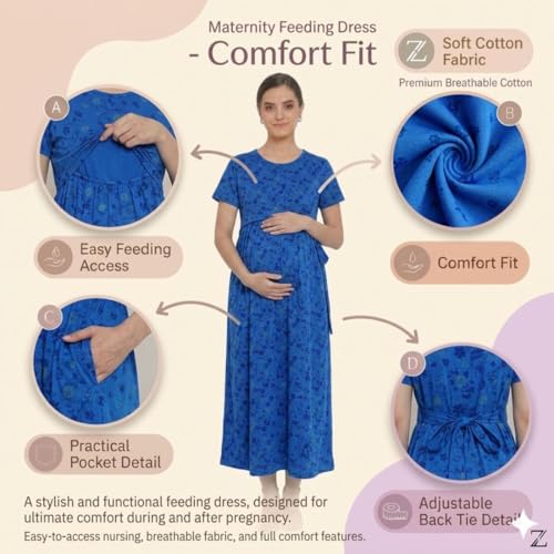 Image of Zero Clothing Feeding Dress for New Moms Casual Loungewear Ankle Length | Cotton Maternity Nighty | Zipless Feeding Dresses for Women | Pregnancy & Nursing Wear