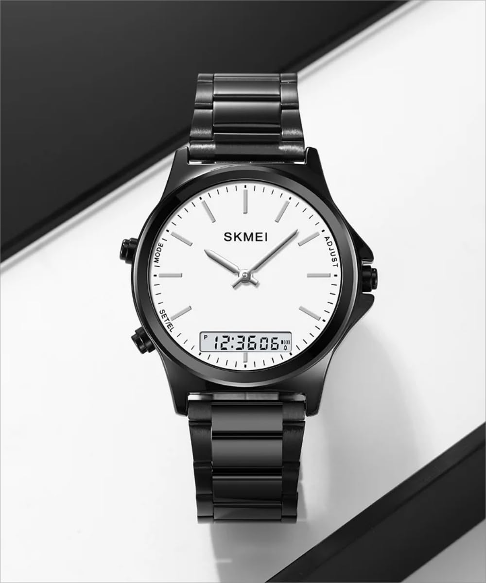 Men’s Watch Multifunction Watches Display Analog Digital Chrono Timekeeping Sport Backlight Watches Waterproof Alarm Stainless Steel 3-Time Wristwatches (Black-White)