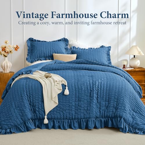 Image of JOLLYVOGUE Teal Comforter Full Size, 3 Pieces Seersucker Lightweight Full Size Bedding, All Season Fluffy Microfiber Bedding Comforter Set with 1 Ruffle Comforter and 2 Ruffle Pillowshams