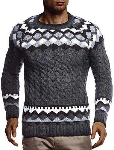 Leif Nelson Herren Strickpullover Norwegerpullover Pullover mit Rundkragen Winterpullover Männer Pulli für Weihnachten Winter Norweger Muster Slim Fit Crew Neck LN20757 XXL Anthrazit