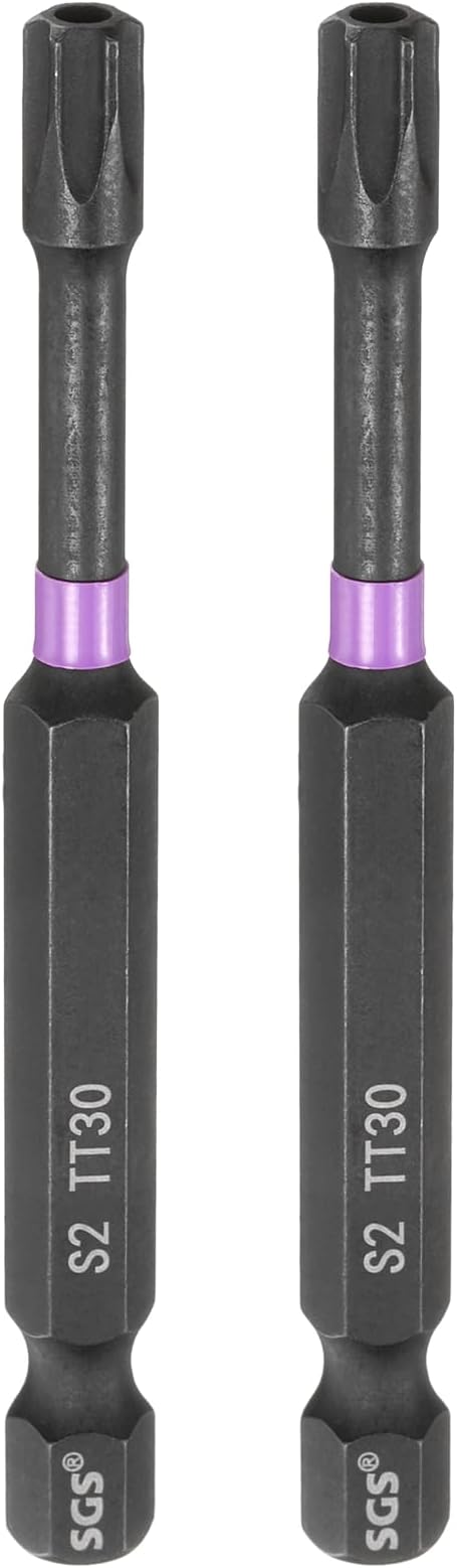 HARFINGTON 2pcs TT30 Torx Head Impact Screwdriver Bits 1/4" Hex Shank 3" (75mm) Long Magnetic Tamper Proof 6 Point Star Screw Driver Drill Bits Phosphate S2 Steel Power Tools with Hole