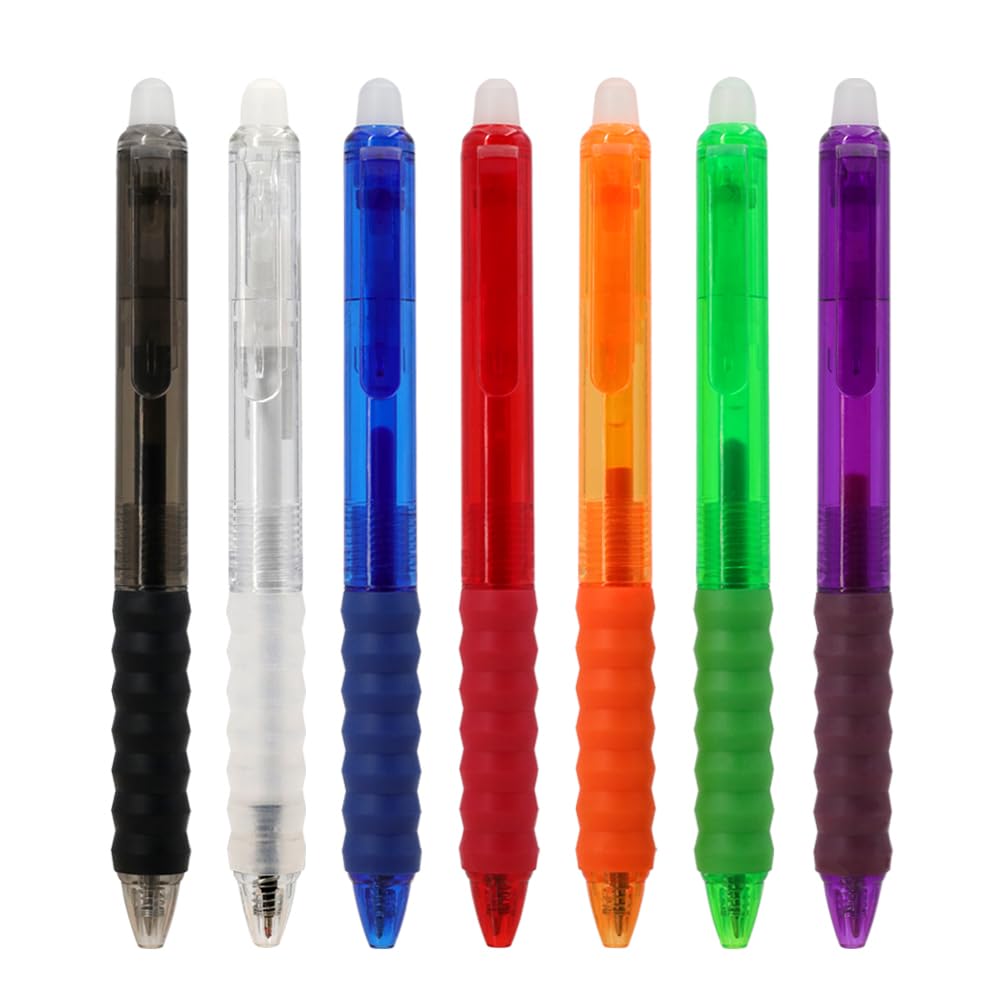 MROOFUL Paquete de 7 bolígrafos de gel borrables retráctiles multicolor de punta fina de 0,7 mm, suaves y recargables, esenciales para el regreso a clases para uso doméstico y oficina, agarre