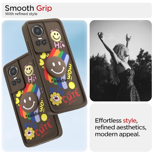 Image of Pikkme Back Cover for Oppo Reno 10 5G | Soft Silicone| Cute Rainbow Smile & 3D Cartoon Flower Design | Shockproof Raised Camera Protection Bumper Case (Brown)