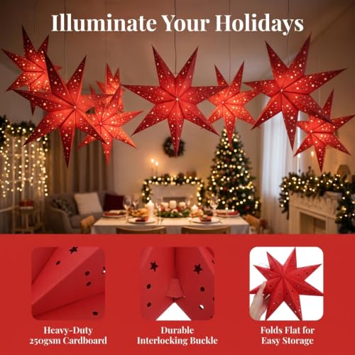 Image of LIOOBO Christmas Paper Star Lanterns Lampshades 3pcs 9-point Origami Hanging Star Light Lampshade