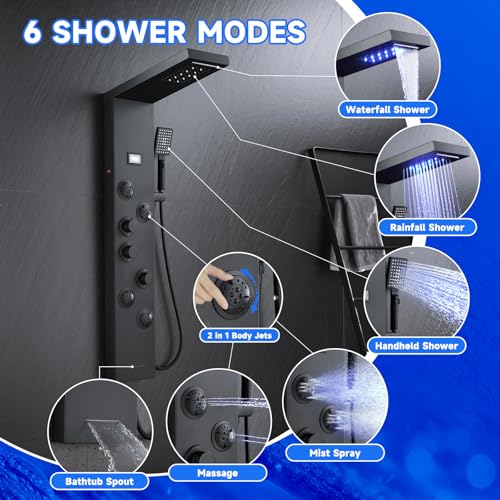 Image of 5-in-1 LED Shower Panel Tower System Matte Black Stainless Steel