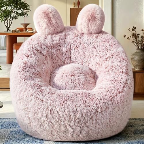 Image of Fluffy Bean Bag Chair for Kids, with Plush Faux Fur Cover, 2.5FT Memory Foam Bean Bag Chairs for Teens & Kids, Ultra Soft Sofa for Living Room /Bedroom /Dorm,Pink