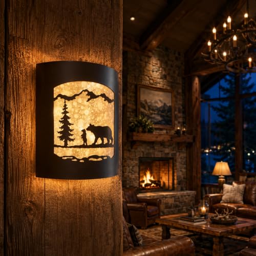 Image of Rustic Bear and Cub with Pine Tree Wall Sconce | Frosted Amber Glass, Lodge Cabin Decor, Woodland Nature Design, Wall Light Fixture