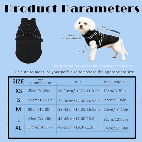 Hundemantel Winter mit Geschirr Einstellbar, ZoneYan Wasserdicht & Warm Hundemantel für Kleine Hunde, Reflektierende Winterjacke, Winddicht Weste für Hund (Schwarz, XS)