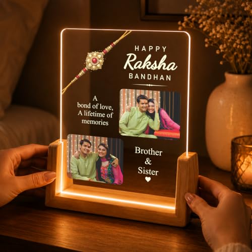 Image of Giftplease Personalized Raksha Bandhan LED Acrylic Photo Lamp with Wooden Base, Custom Brother Sister Picture Frame, Festival Home Decor, Warm Ambient Night Light, Keepsake Memory Display