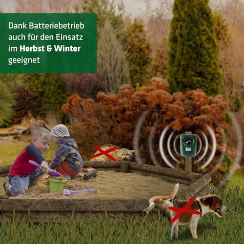 GARDIGO® Hunde- und Katzenabwehr | Hundeschreck und Katzenschreck für den Garten I Ultraschall Tiervertreiber 20-60 kHz I 120° Erfassungswinkel, 12m Reichweite | Gegen Hunde und gegen Katzen