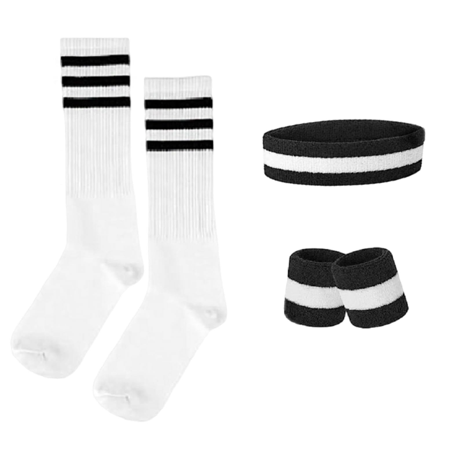 Lufdegim Sweatband and Socks Set, 80s 90s Sweatband Striped Headband, Bracelet, Striped High Socks for Women Men Sports Running Cycling Carnival Costumes Party, black, Socken 28cm, Stirnband 18x5cm