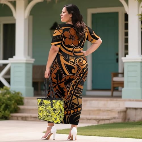 Image of Puletasi Samoan Traditional 2 Piece Outfits for Women Short Sleeve Crop Top and Maxi Skirt Sets Puletasi Dress