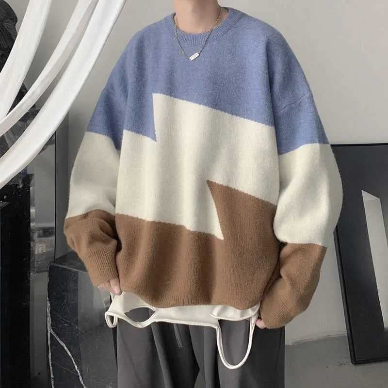 CORIRESHA Men's Vintage Sweater Crew Neck Pullover Colorblock Knit Sweater2