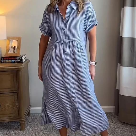 2025 New Summer Striped Lapel Button Down Shirt Dress with Functional Pockets Loose Beach Cover Up2