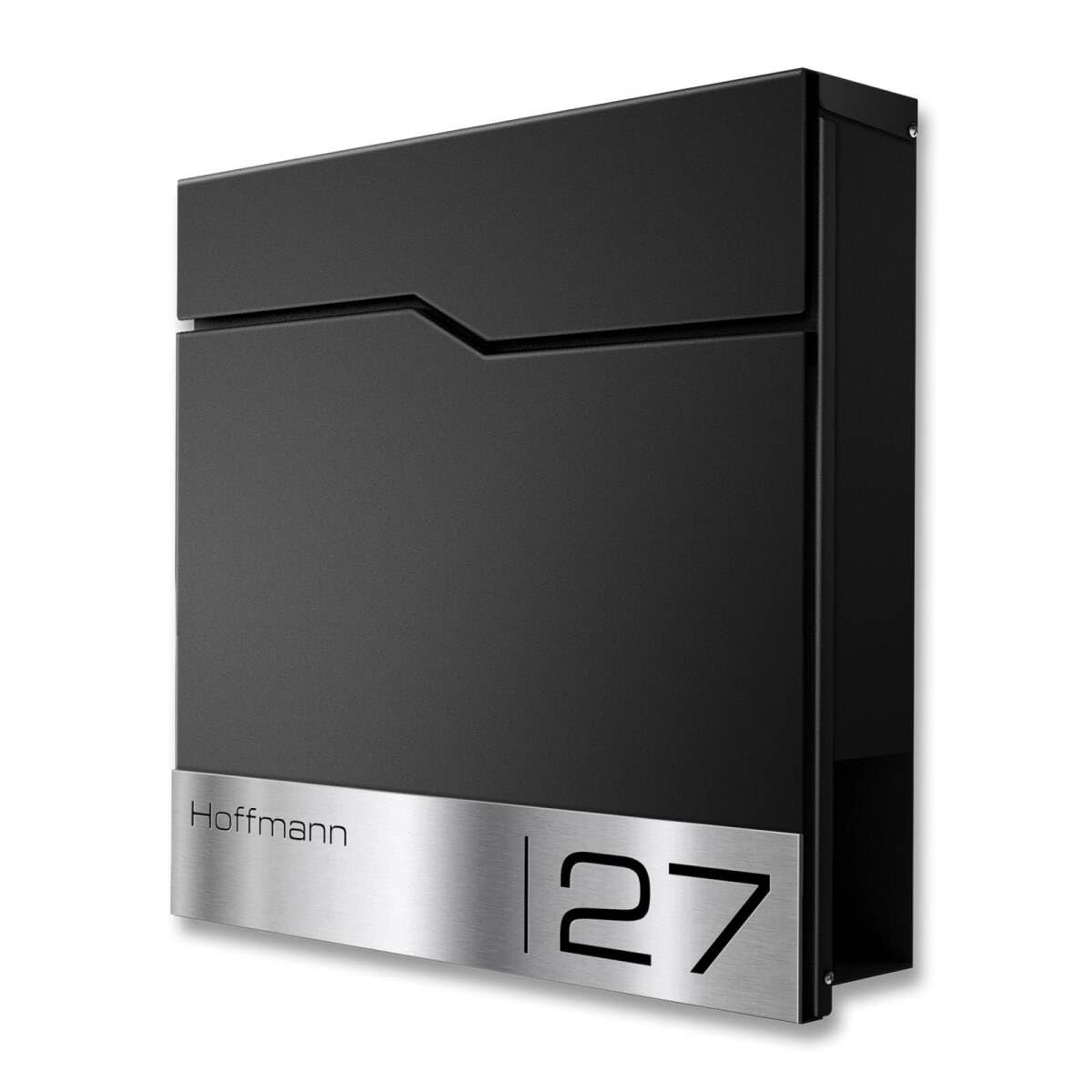 Metzler Briefkasten mit Pfosten in RAL 9005 Tiefschwarz Enno - Standbriefkasten mit V2A Edelstahl Namensschild & Zeitungsfach - Briefkasten mit Gravur - Postkasten, Größe: 37 x 37 x 10,5 cm