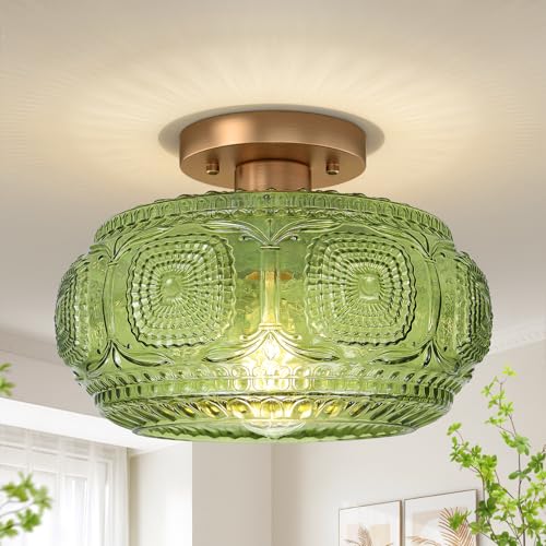 Image of 11 inch Art Deco Glass Semi Flush Mount Ceiling Light Fixture, Green