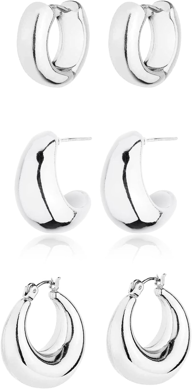Gold Chunky Hoop Earrings Set for Women 14K Plated