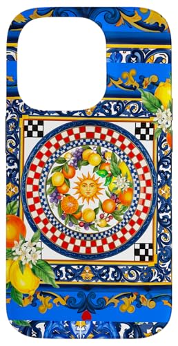 ブルーシチリア太陽果実レモン地中海アート スマホケース iPhone 14 Pro 用