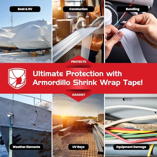 Image of ArmorDillo Poly Shrink Wrap Tape 4 inch x 180' - 11.04 per roll (1 Case - 12 Rolls) White Heat Shrink Tape for Boats | Waterproof Crash Wrap, Press & Seal Plastic Repair, Electrical & Plumbing Protection