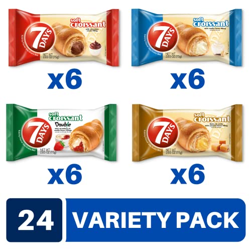 7Days Soft Croissant Variety Pack (24 Count), 6 Chocolate, 6 Vanilla, 6 Strawberry Vanilla, 6 Caramel, Breakfast Pastry, Individually Wrapped On The Go Snack (Pack of 24)