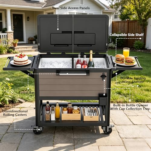 Image of 104 QT Patio Cooler Cart with Wheels, Outdoor Rolling Ice Chest Cooler for Patio, Pool, Deck & Backyard, Portable Beverage Bar Cart with Double Lid, Foldable Side Tables, Bottle Opener & Storage Shelf