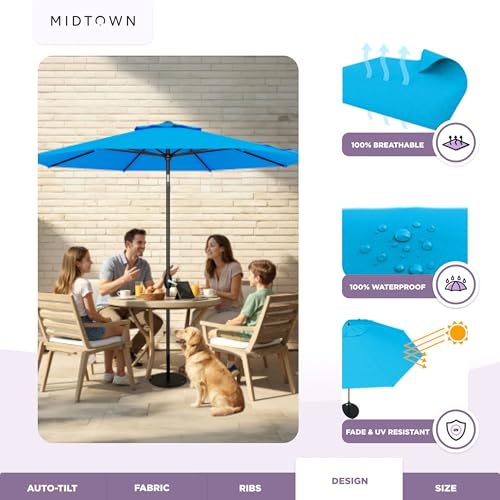 Image of Midtown Umbrellas - 10-Year-No-Fade 9 Ft Patio Umbrella with Terylast Fabric, Auto-Tilt Aluminum Frame and 8 Reinforced Ribs for Deck, Pool, Garden & Beach - Cobalt Blue Canopy, Black Pole