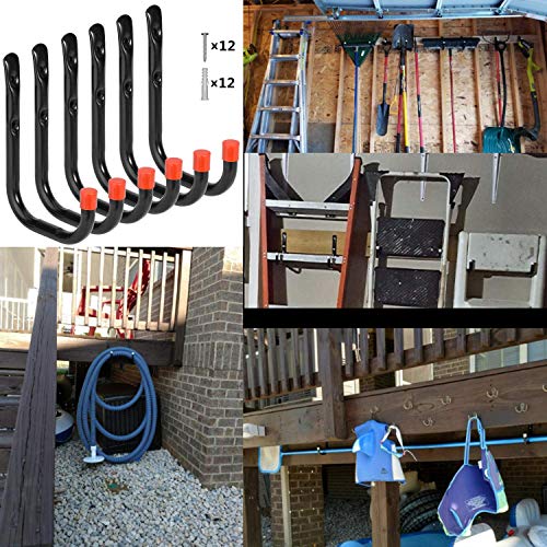 Heavy Duty Garage Hooks Organizer Wall Mount Hanging Storage Utility Hangers For Ladders, Bike And Tools (6 Pcs Black 5.5