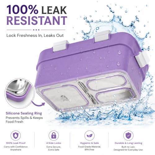 Image of 950ML Stainless Steel Bento Lunch Box |3 Compartments, Leakproof Tiffin Box with Spoon & Fork for School | Office & Travel (Lavender Purple)