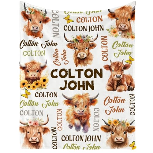 Image of Custom Name Blanket with Cow Pattern, Highland Cow Custom Name Gifts for Boys Girls,Soft Flannel Butterfly Sunflower Print Throw Stuff for Bedroom Sofa Chair Decoration,60 inchx80 inch for Adults