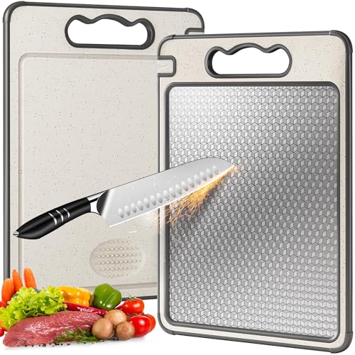 Double Sided 304 Stainless Steel & Wheat Straw Cutting Board, 14.4