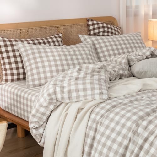 Image of BESTOUCH Gingham Cotton Duvet Cover Set Linen Grey Queen | Washed Cotton, Linen Feel, Soft Wrinkle Texture, Hidden Zipper, 8 Ties, Breathable Lightweight Durable Comfy, 3 Pcs No Insert