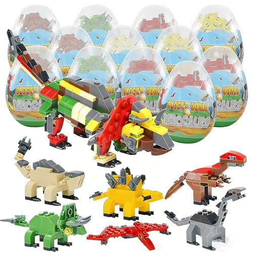 auryee 12PCS Pre Filled Easter Eggs Dinosaurs Party Favors Party Supplies Building Blocks Mini Animal Educational Toy Stacking Block Sets Science STEM...
