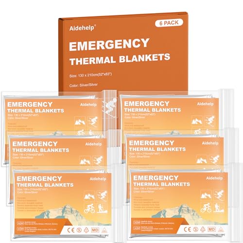 Aidehelp 6 Pack Emergency Blankets - Mylar Thermal Space Blankets for Survival and Protection - Ideal for Camping, Outdoors, Hiking, Rescue, Marathons