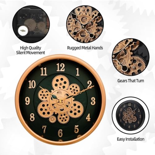 Image of Rotating Moving Gears Wall Clock 35CMS Industrial Steampunk Real Moving Gear Designer Wall Clock for Living Room Home Decor Office Wooden Look Plastic Round 14 Inch (Gold Foiling)