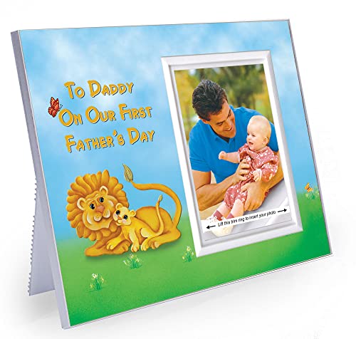 Image of Fathers Day Picture Frame |To Daddy on Our First Fathers Day Picture Frame | 1st Fathers Day Keepsake Photo Frame | Perfect for Dad's Desk Sized 8.25 x 5 in | Holds 3.5 x 5 | Colorful Lion & Baby