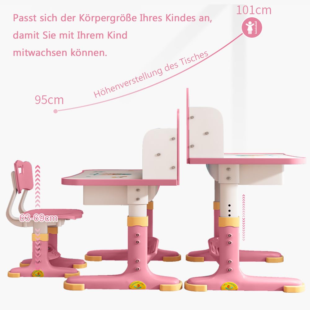 Kinderschreibtisch und Stuhl Set, Höhenverstellbar Schreibtisch Kinder Mit Schubladen und Bücherregalen, Cartoon Schreibtisch Bücherregal für Jungen und Mädchen zu Studieren (Rosa Schloss)