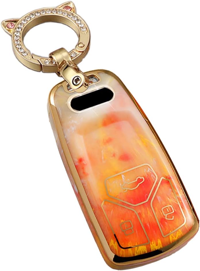 SANRILY Jade Texture Key Fob Cover for Audi A4 Q7 Q5 TT A3 A6 SQ5 R8 S5 2018-2020 Keyless Smart Key Case Shell with Bling Key Ring Orange