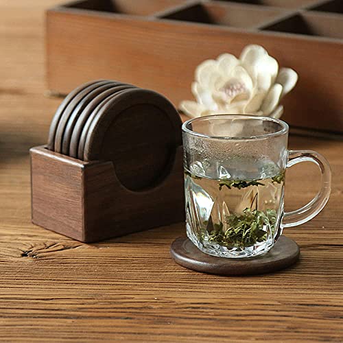 Lilymeche Concept Walnut Wood Drink Coasters With Holder & Wood Coffee Stick, Wooden Coaster Set, Suitable For Coffee Cups, Beer Glasses, Mugs, Wine Cup (4 Inch-6 Pieces) #TOP4