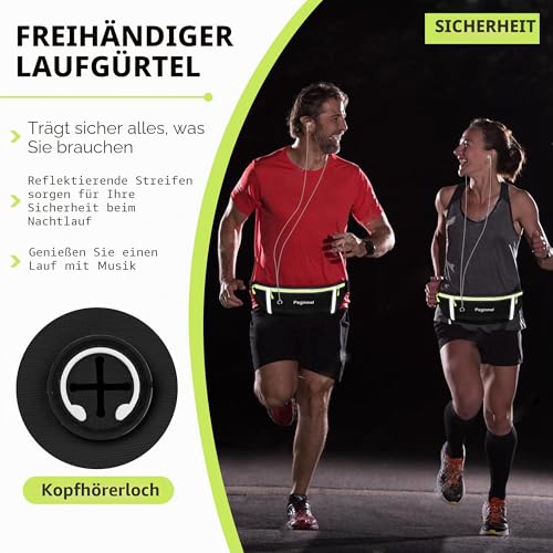 PEGINMOL Laufgürtel für Handy, Lauftasche Jogging Wasserdicht, Läufer-Hüfttasche für Damen und Herren mit 3 Taschen, Großer Kapazität Sportgürtel Verstellbarem Running Belt zum Laufen (Schwarz + Grün)