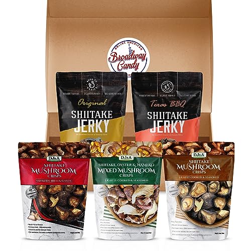 DJ&A Vegan Jerky & Mushroom Crisps Variety | 5 Pack by Broadway Candy | Vegan Snacks | Gluten Free Non-GMO