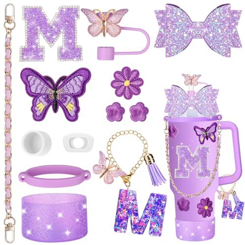 Mity rain 14PCS Purple Cup Accessories for Stanley Cup 30oz 40oz tumbler with handle - Includes Strap,Straw Bow Decorate,Straw Cover,Boot,Spill Proof Stoppers,Handle Charms,Letter Sticker(Initials M)