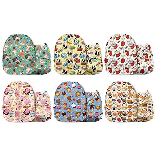Mama Koala 3.0 Cloth Diapers for Babies with AWJ Lining, 6 Pack with 12 5-Layer Bboo(No Microfiber) Cloth Diaper Inserts - Reusable and Washable Pocket Diapers(12-My Warm Heart)