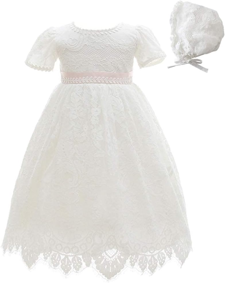Meiqiduo Baby Girls Lace Dress Christening Baptism Gowns Outfit with Bonnet