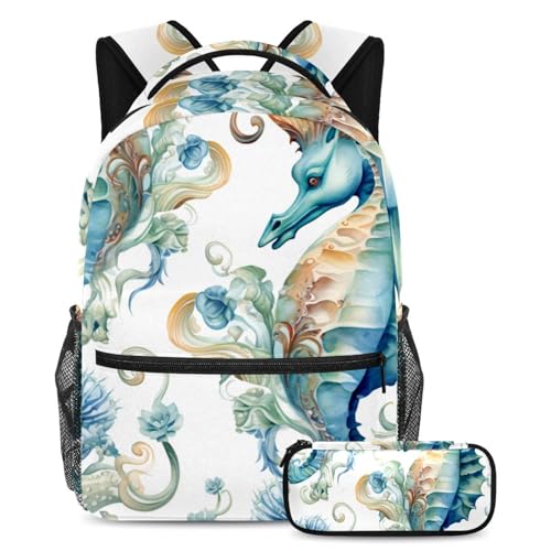 Sac à dos Art Blue Seahorse ergonomique contre le désordre scolaire avec trousse