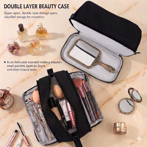 Image of Multi-Compartment Travel Makeup Organizer Bag for Women, Large Capacity Cosmetic Pouch with Multiple Zipper Compartments, Makeup Brush Holder & Mesh Pocket, Portable Toiletry Storage Bag - Black