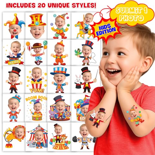 Image of Custom Carnival Circus Clown Temporary Tattoos for Kids, Set of 20 | Personalized Pre-Cut Face Photo, Birthday Party Favors, Boys Girls, Carnival Lovers