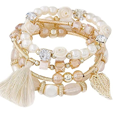 4 Pack Bohemian Crystal Pealr Beaded Bracelets Leaf Flower Charm Tassel Multi Layer Stretch Statement Bracelet Fashion Jewelry Accessories for Women Girl Gift, Metal, crystal Cover