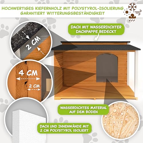 Outentin Hundehütte Isoliert Winterfest XL - Hundehaus mit Flachdach & Terrasse Für Große Hunde - Stabile Hütte für Draußen - Wetterfest Haus mit Wärmedämmung - 123 x 105 x 73 cm - Eiche